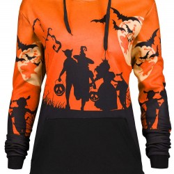 Halloween Print Patchwork Long Sleeve Hooded Sweatshirt Costume For Women