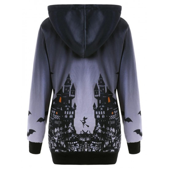 Halloween Printed Long Sleeve Drawstring Hooded Sweatshirt Costume For Women