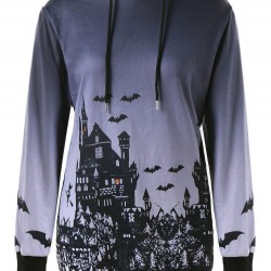 Halloween Printed Long Sleeve Drawstring Hooded Sweatshirt Costume For Women
