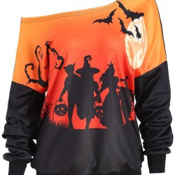 Halloween Pumpkin Bat Printed One Shoulder Long Sleeve Sweatshirt