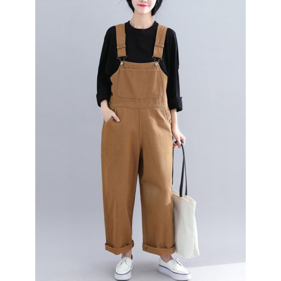 Casual Loose Straps Button Wide Legged Women Jumpsuit