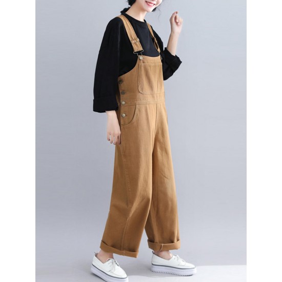 Casual Loose Straps Button Wide Legged Women Jumpsuit