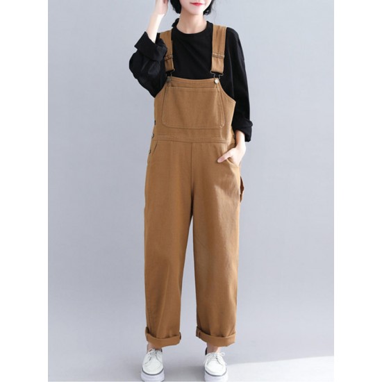 Casual Loose Straps Button Wide Legged Women Jumpsuit