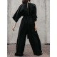 M-5XL Brief V-neck 3/4 Sleeve Back Button Elastic Waist Black Jumpsuit