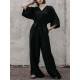 M-5XL Brief V-neck 3/4 Sleeve Back Button Elastic Waist Black Jumpsuit