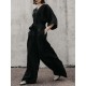 M-5XL Brief V-neck 3/4 Sleeve Back Button Elastic Waist Black Jumpsuit