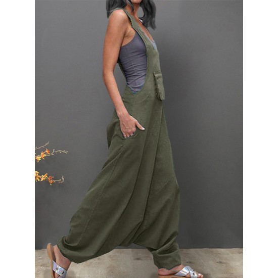 Plus Size Casual Sleeveless Solid Color Front Pocket Baggy Jumpsuit