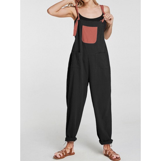 Plus Size Patchwork Pockets Straps Women Casual Jumpsuit