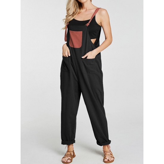 Plus Size Patchwork Pockets Straps Women Casual Jumpsuit