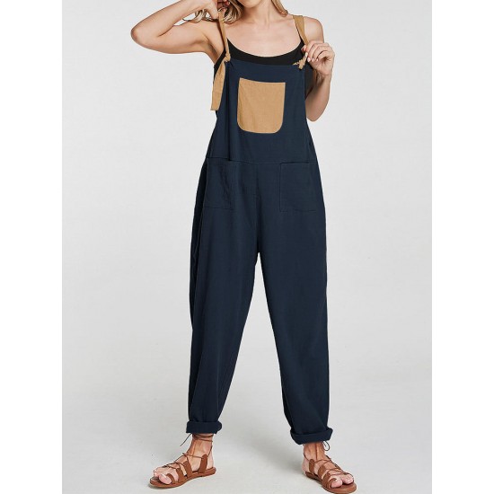 Plus Size Patchwork Pockets Straps Women Casual Jumpsuit