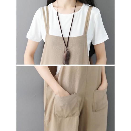 Plus Size Women Cotton Strap Pocket Wide Leg Jumpsuit