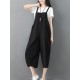 Plus Size Women Cotton Strap Pocket Wide Leg Jumpsuit