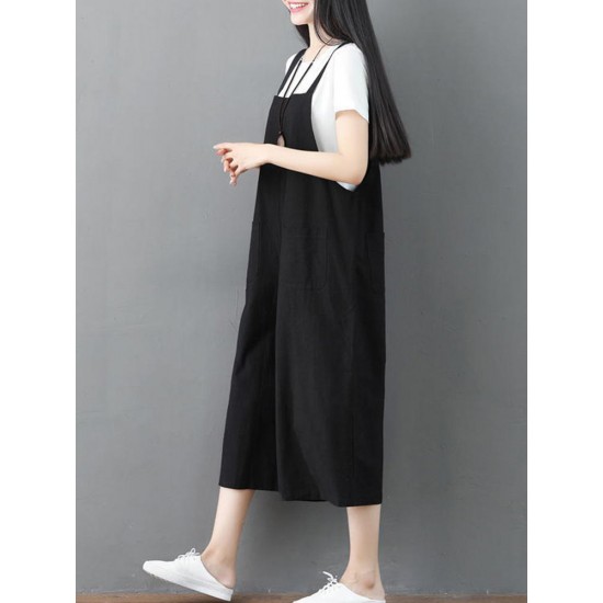 Plus Size Women Cotton Strap Pocket Wide Leg Jumpsuit