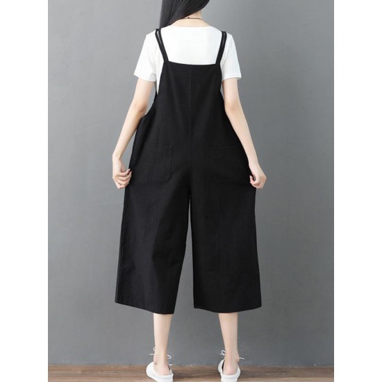 Plus Size Women Cotton Strap Pocket Wide Leg Jumpsuit