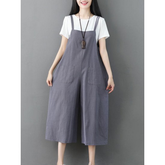 Plus Size Women Cotton Strap Pocket Wide Leg Jumpsuit