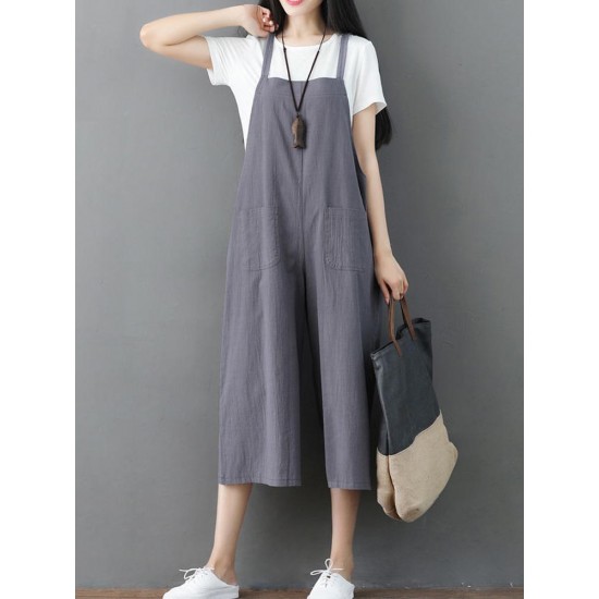 Plus Size Women Cotton Strap Pocket Wide Leg Jumpsuit