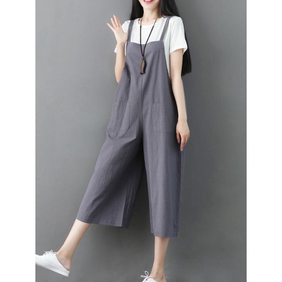 Plus Size Women Cotton Strap Pocket Wide Leg Jumpsuit