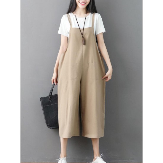 Plus Size Women Cotton Strap Pocket Wide Leg Jumpsuit