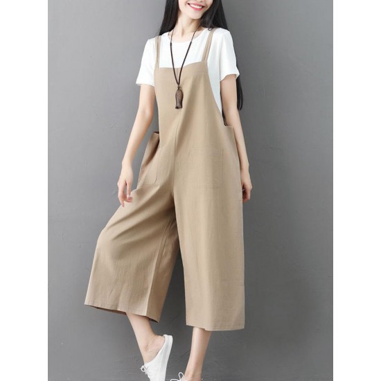 Plus Size Women Cotton Strap Pocket Wide Leg Jumpsuit