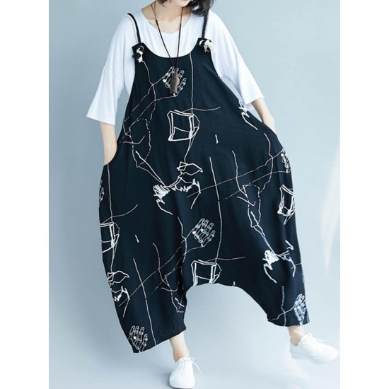 Women Casual Loose Art Print Black Spaghetti Strap Baggy Jumpsuit