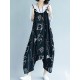 Women Casual Loose Art Print Black Spaghetti Strap Baggy Jumpsuit