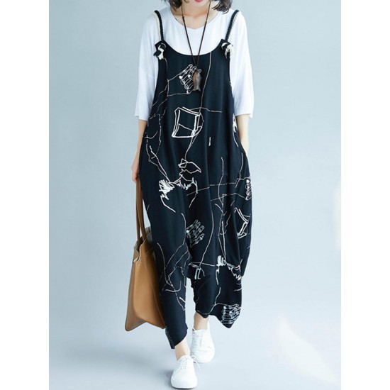 Women Casual Loose Art Print Black Spaghetti Strap Baggy Jumpsuit