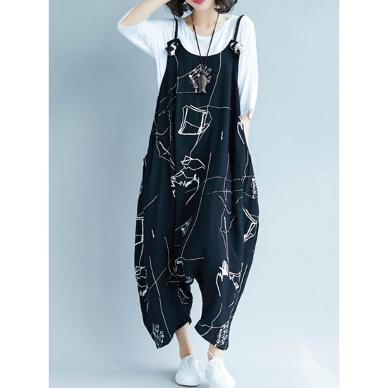 Women Casual Loose Art Print Black Spaghetti Strap Baggy Jumpsuit