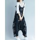 Women Casual Loose Art Print Black Spaghetti Strap Baggy Jumpsuit