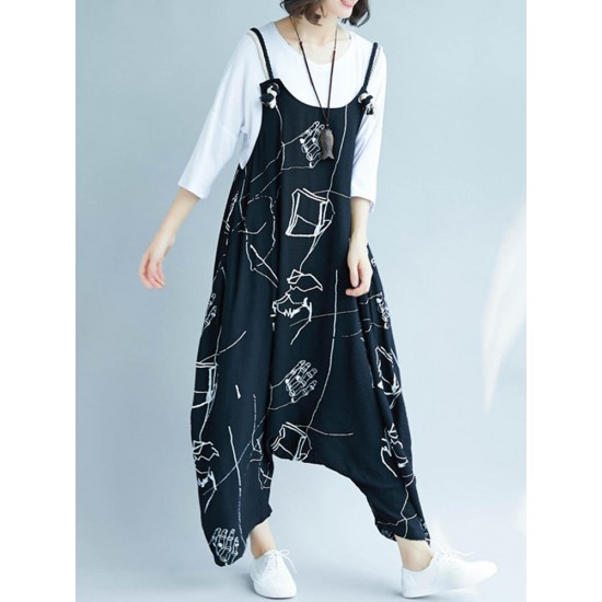 Women Casual Loose Art Print Black Spaghetti Strap Baggy Jumpsuit