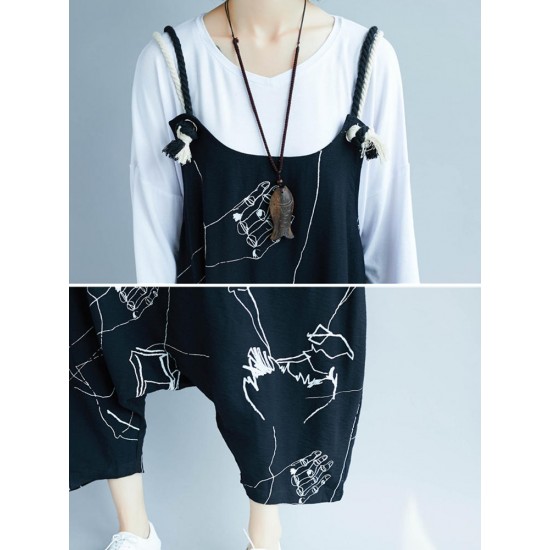 Women Casual Loose Art Print Black Spaghetti Strap Baggy Jumpsuit