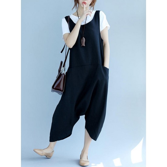 Women Casual Loose Sleeveless Harem Jumpsuit with Pockets