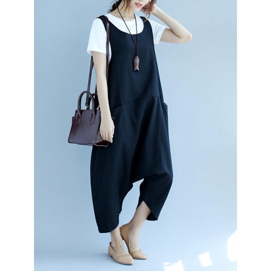Women Casual Loose Sleeveless Harem Jumpsuit with Pockets