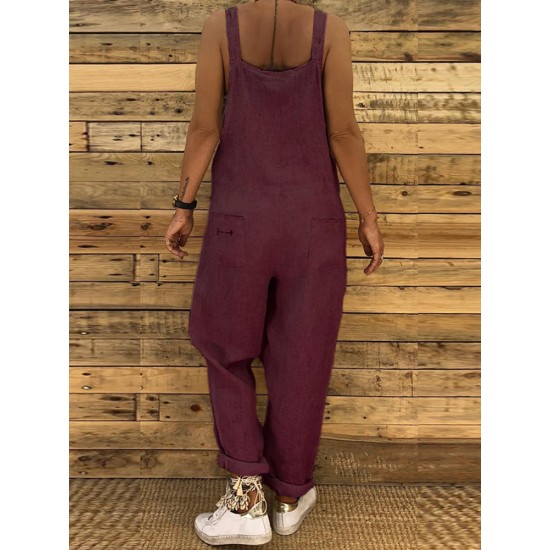 Women Casual Straps Solid Color Overalls Jumpsuit with Pockets