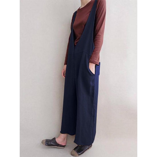 Women Leisure Cotton Jumpsuits Wide Leg Pants Loose with Button