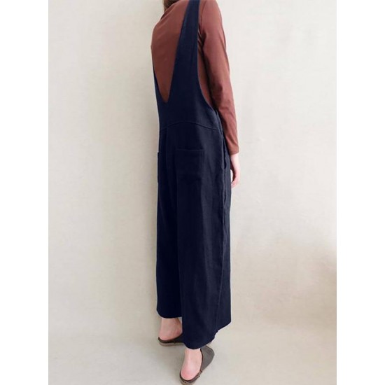 Women Leisure Cotton Jumpsuits Wide Leg Pants Loose with Button