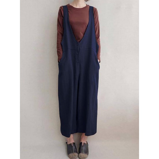 Women Leisure Cotton Jumpsuits Wide Leg Pants Loose with Button