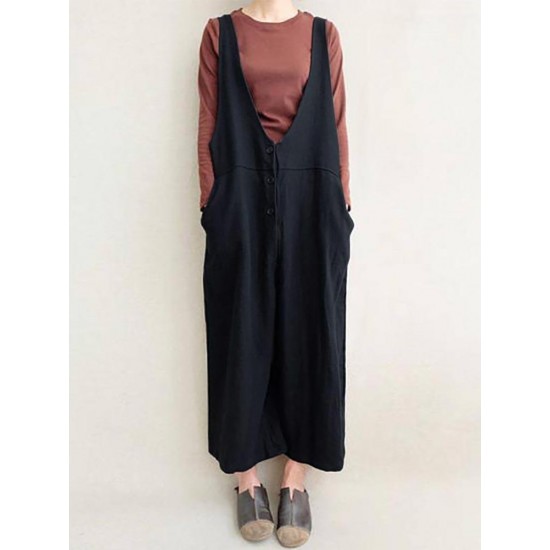 Women Leisure Cotton Jumpsuits Wide Leg Pants Loose with Button