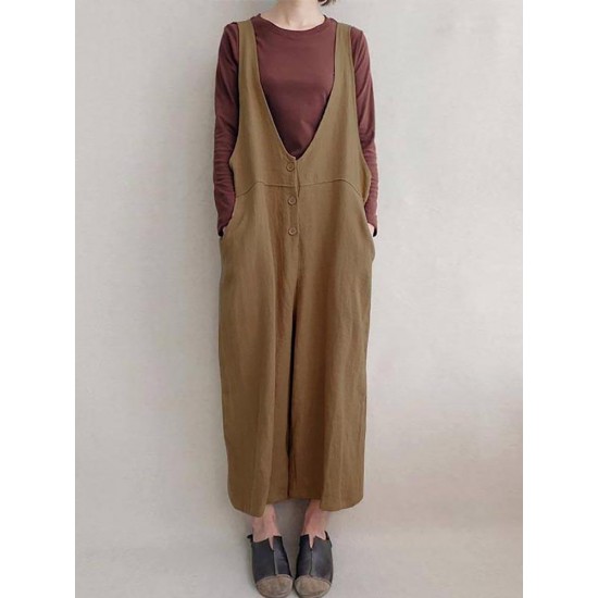 Women Leisure Cotton Jumpsuits Wide Leg Pants Loose with Button