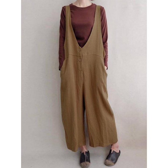 Women Leisure Cotton Jumpsuits Wide Leg Pants Loose with Button