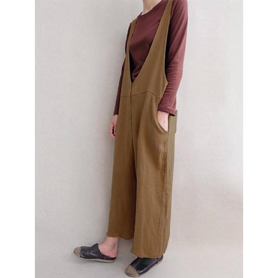 Women Leisure Cotton Jumpsuits Wide Leg Pants Loose with Button