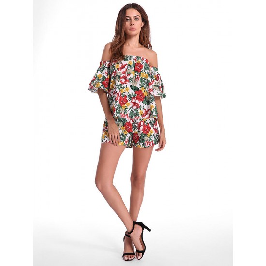 Women Sexy Floral Printed  Off the Shoulder Jumpsuits