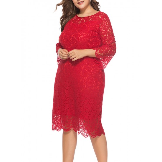 Plus Size Elegant Lace 3/4 Sleeve Party Women Dress