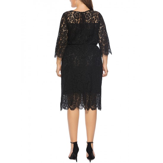 Plus Size Elegant Lace 3/4 Sleeve Party Women Dress