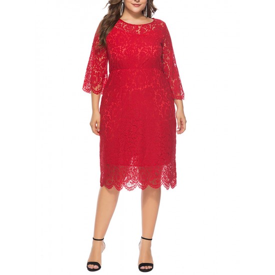 Plus Size Elegant Lace 3/4 Sleeve Party Women Dress