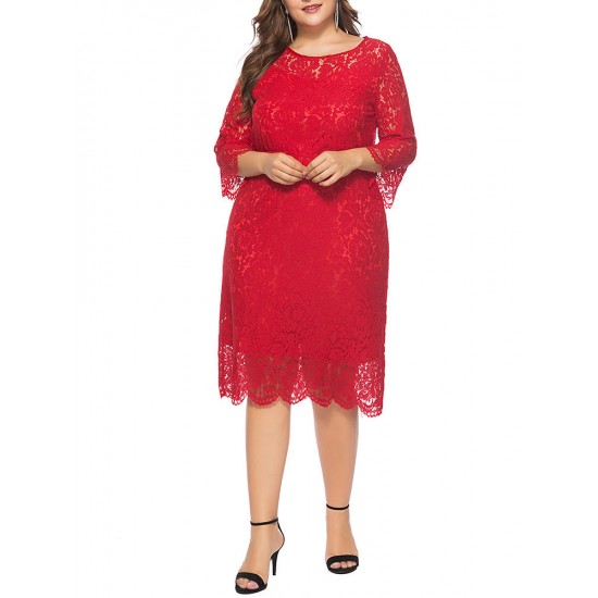 Plus Size Elegant Lace 3/4 Sleeve Party Women Dress