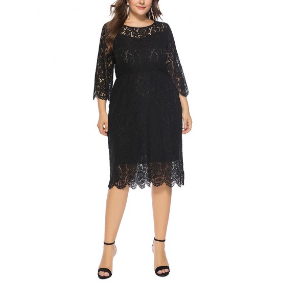 Plus Size Elegant Lace 3/4 Sleeve Party Women Dress