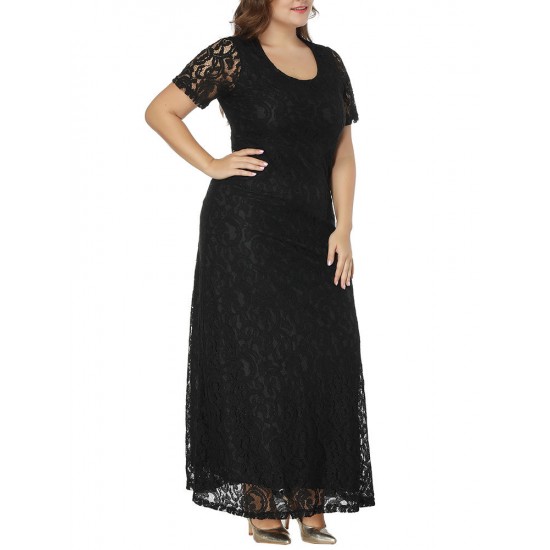 Plus Size Elegant Lace Hollow Out Short Sleeve Party Dress