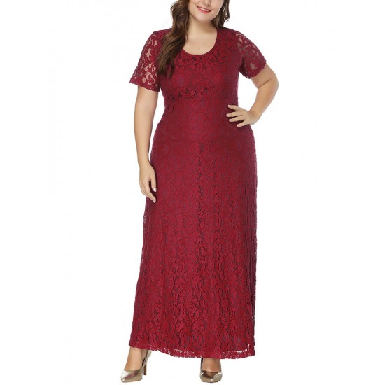 Plus Size Elegant Lace Hollow Out Short Sleeve Party Dress