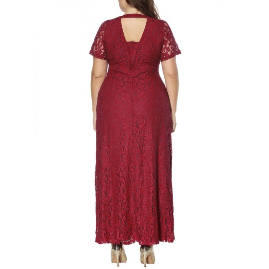 Plus Size Elegant Lace Hollow Out Short Sleeve Party Dress