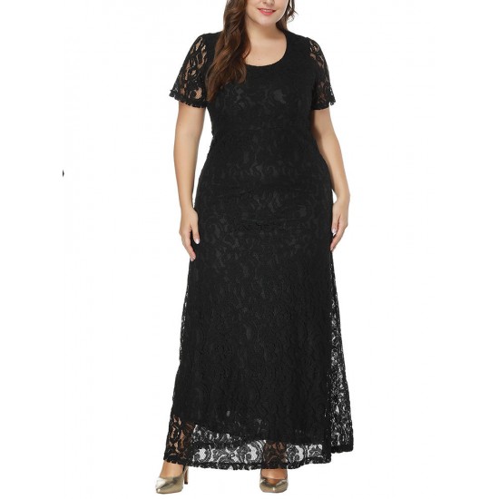 Plus Size Elegant Lace Hollow Out Short Sleeve Party Dress